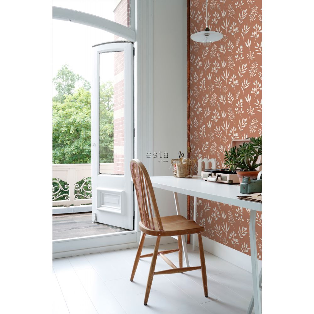 Esta 139319 Vintage Flowers floral pattern in Scandinavian style terracotta and white - tapeta z motywem kwiatów