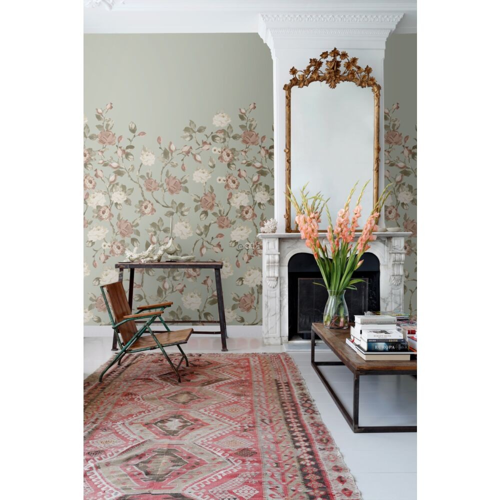 Esta 159213 Vintage Flowers grayed mint green and antique pink - mural z motywem kwiatów