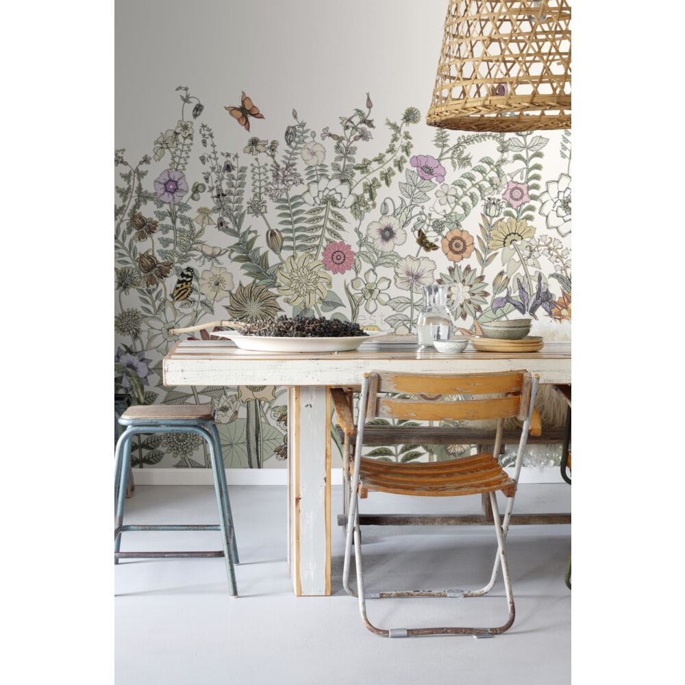 Esta 159107 Vintage Flowers flowers & butterflies green, orange and purple - mural z motywem kwiatów