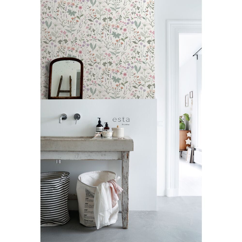 Esta 139482 Vintage Flowers wildflowers green, terracotta and pink - tapeta z motywem kwiatów