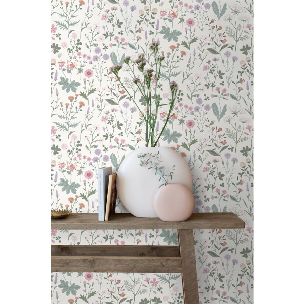 Esta 139482 Vintage Flowers wildflowers green, terracotta and pink - tapeta z motywem kwiatów