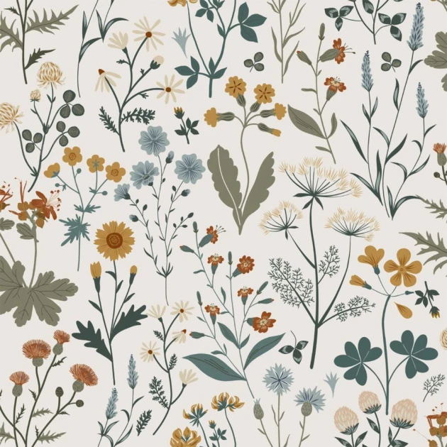 Esta 139391 Vintage Flowers wildflowers mustard, grayish green and vintage blue - tapeta z motywem kwiatów