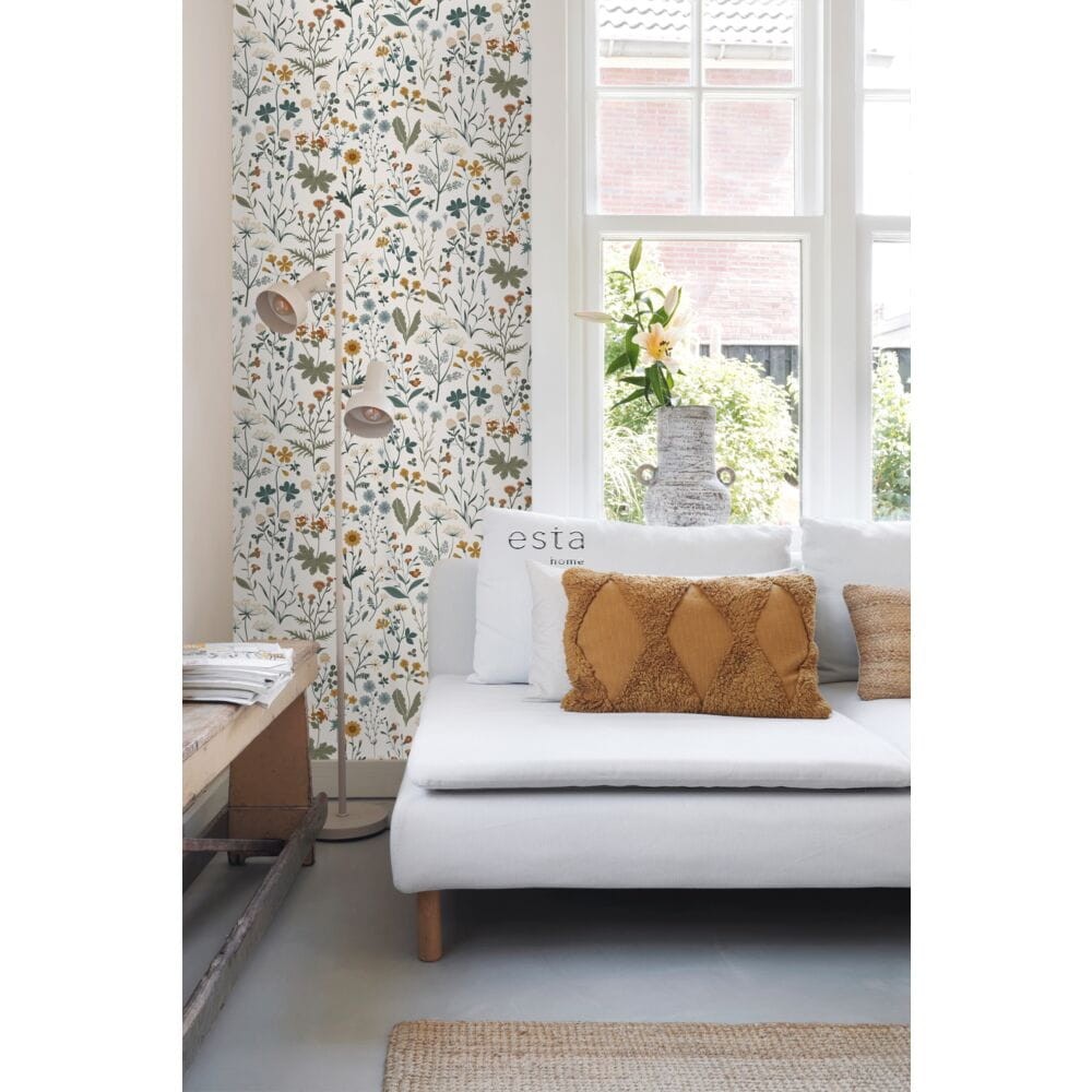Esta 139391 Vintage Flowers wildflowers mustard, grayish green and vintage blue - tapeta z motywem kwiatów