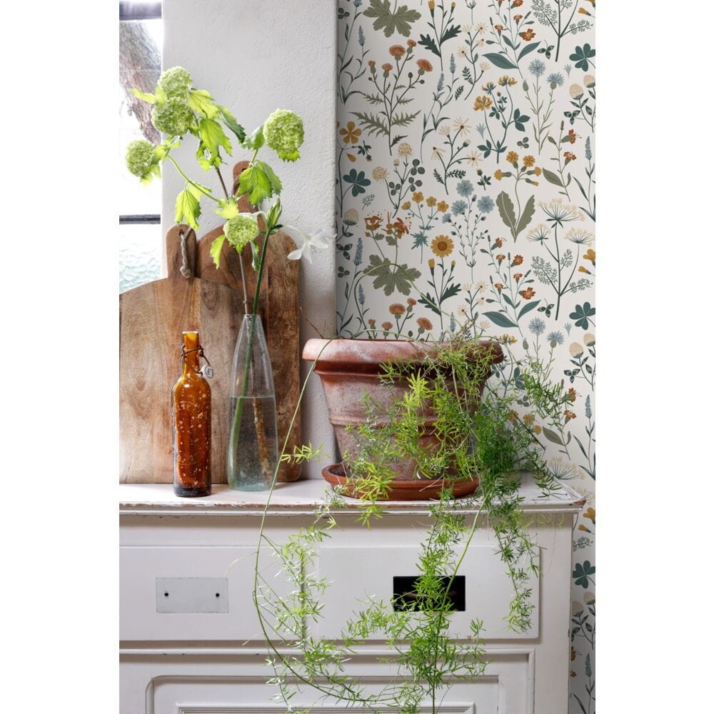 Esta 139391 Vintage Flowers wildflowers mustard, grayish green and vintage blue - tapeta z motywem kwiatów