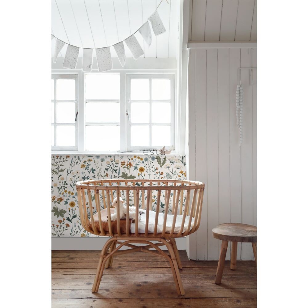 Esta 139391 Vintage Flowers wildflowers mustard, grayish green and vintage blue - tapeta z motywem kwiatów