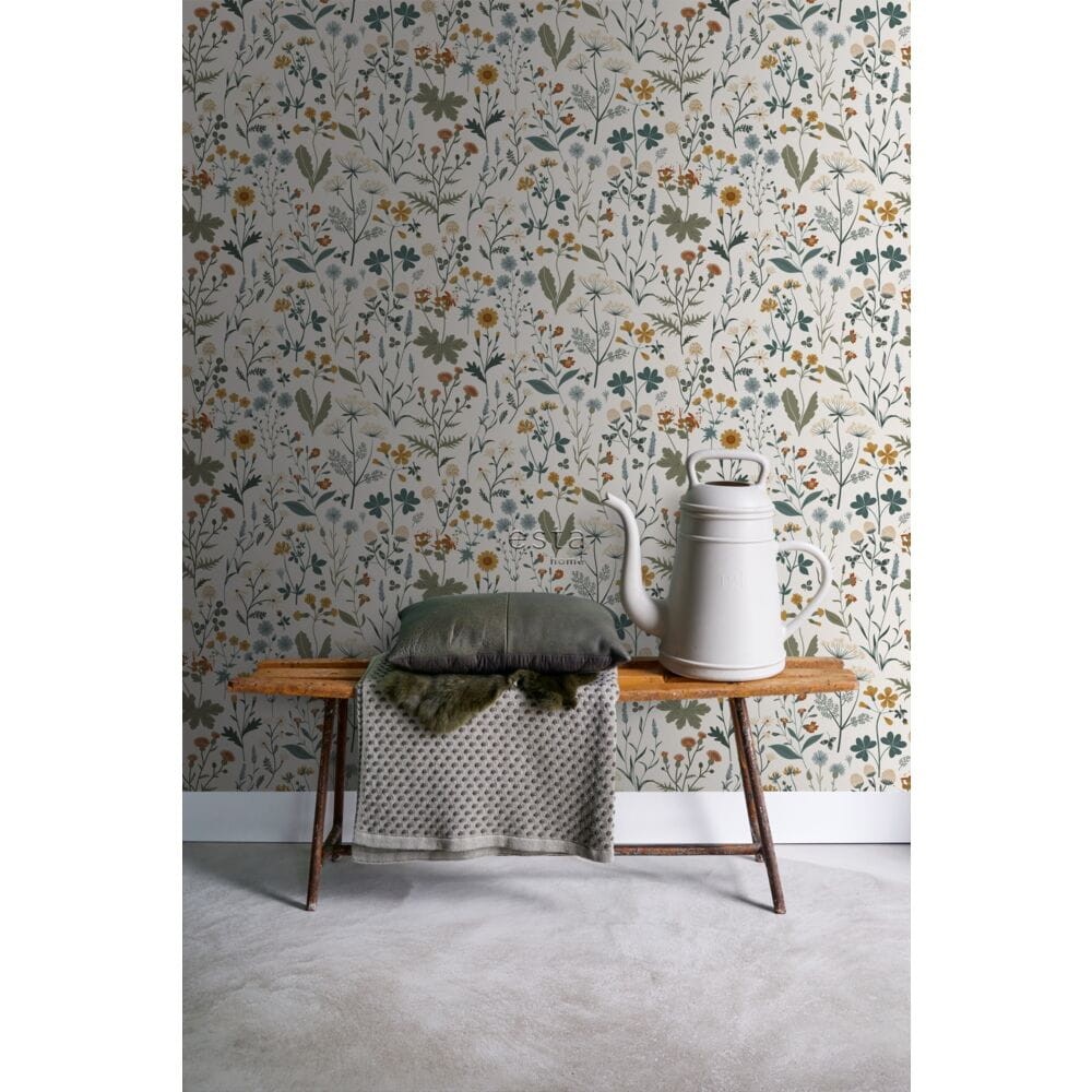Esta 139391 Vintage Flowers wildflowers mustard, grayish green and vintage blue - tapeta z motywem kwiatów