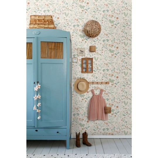 Esta 139481 Vintage Flowers green, terracotta and lilac purple - tapeta z motywem kwiatów