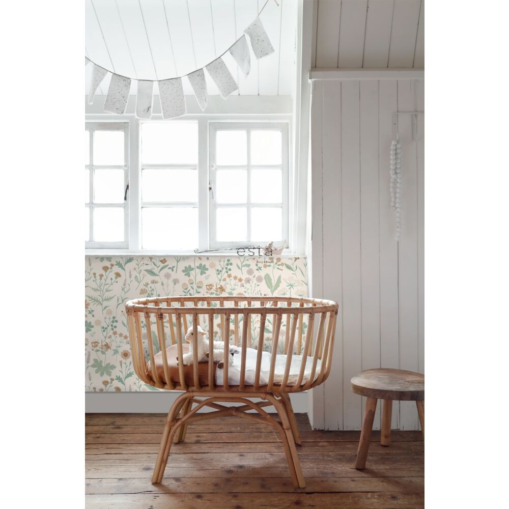 Esta 139481 Vintage Flowers green, terracotta and lilac purple - tapeta z motywem kwiatów