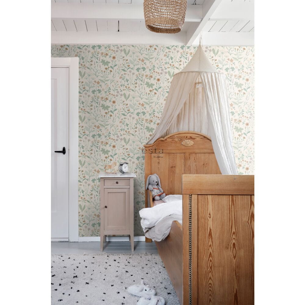 Esta 139481 Vintage Flowers green, terracotta and lilac purple - tapeta z motywem kwiatów