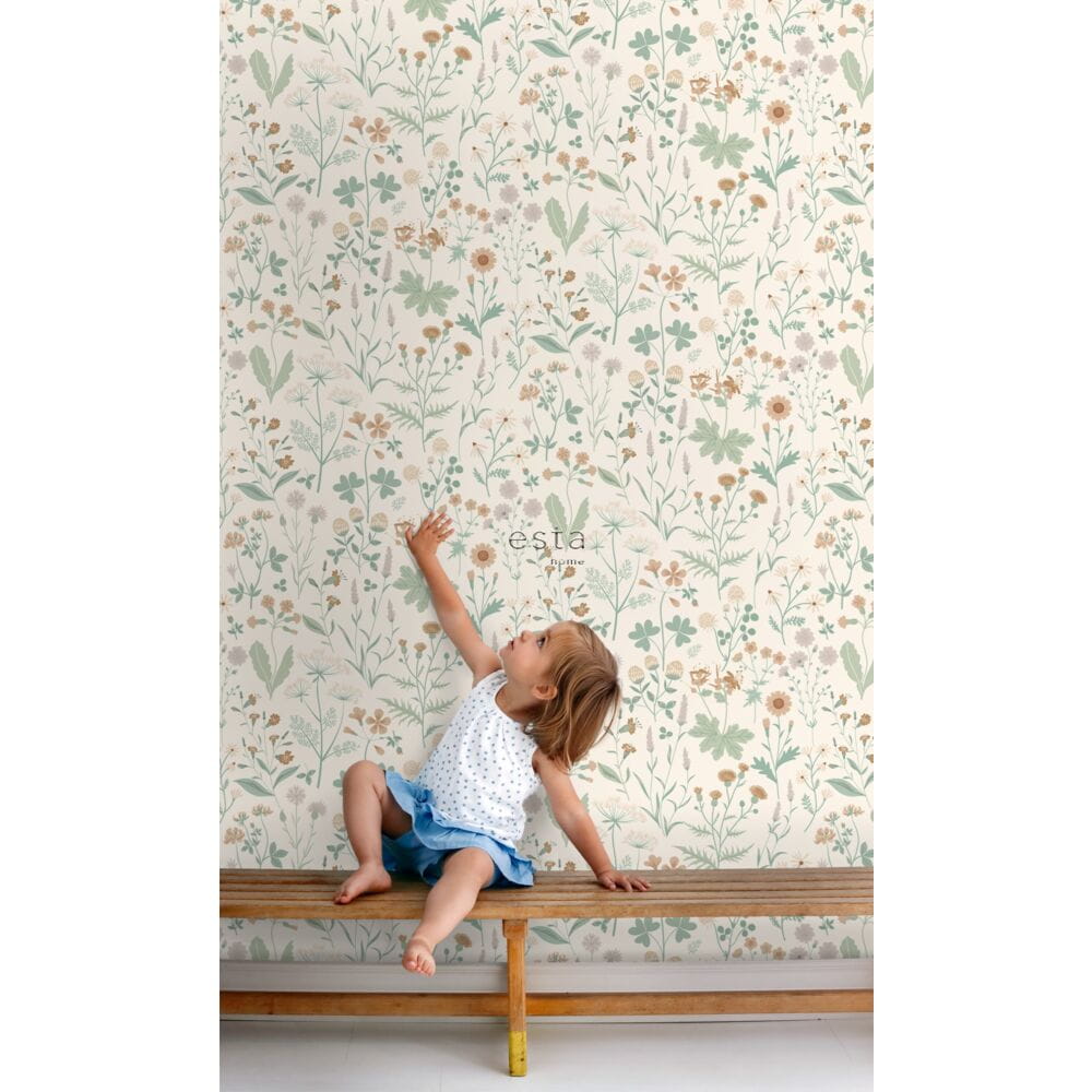 Esta 139481 Vintage Flowers green, terracotta and lilac purple - tapeta z motywem kwiatów