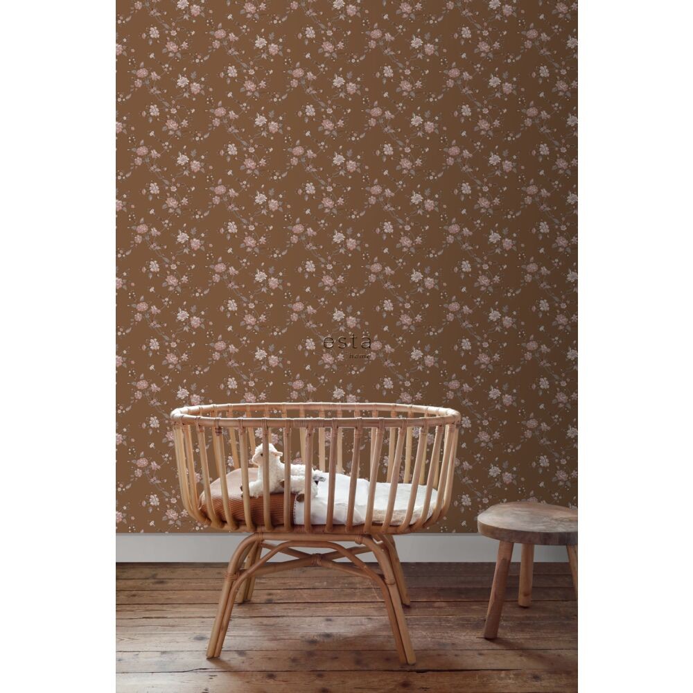 Esta 139286 Vintage Flowers rust brown and pink - tapeta w kwiaty