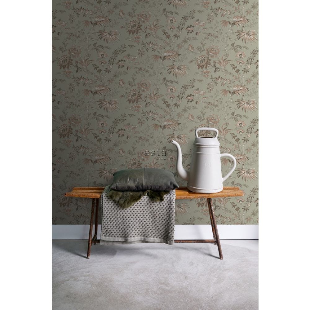 Esta 139297 Vintage Flowers grayed mint green and soft pink - tapeta z motywem kwiatów