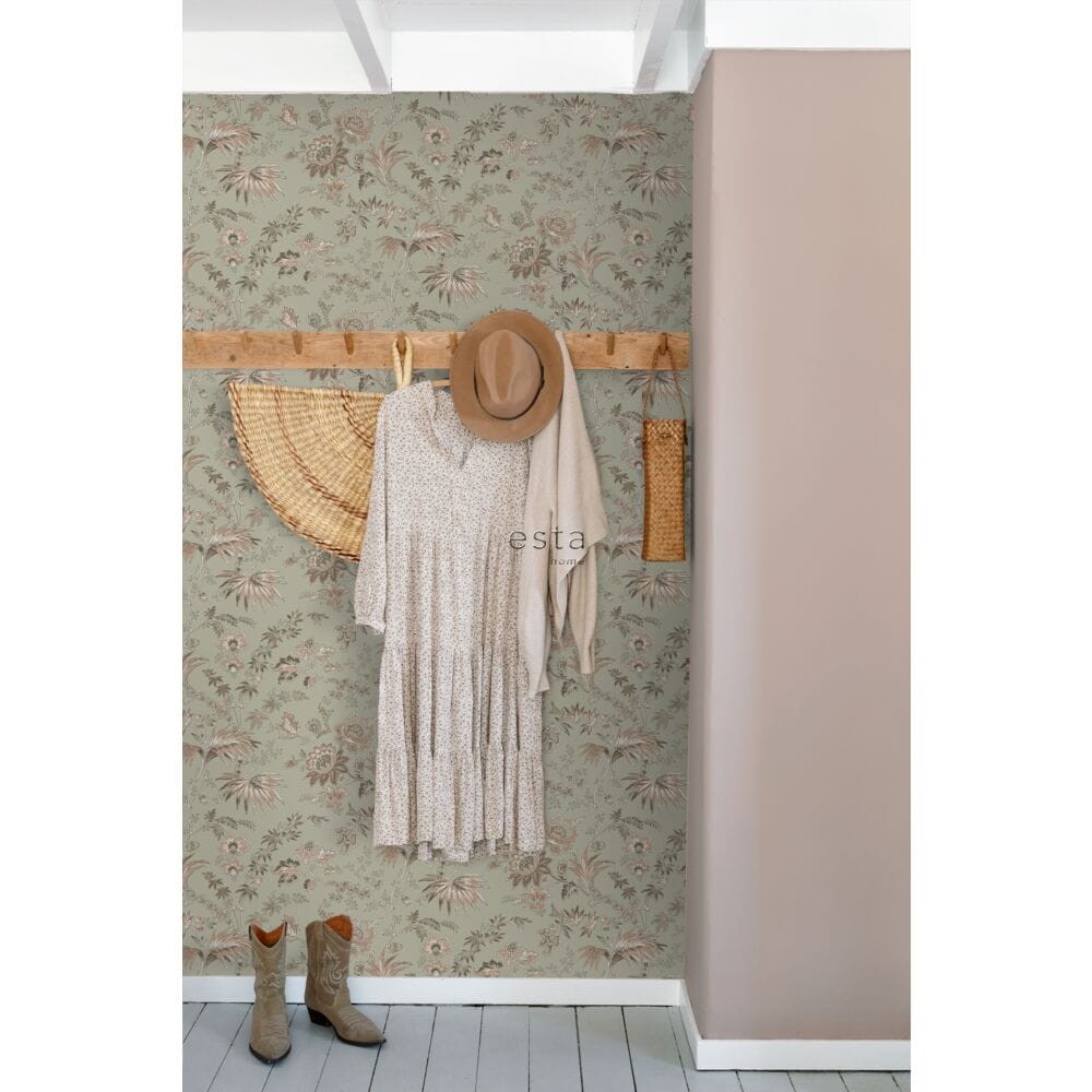 Esta 139297 Vintage Flowers grayed mint green and soft pink - tapeta z motywem kwiatów