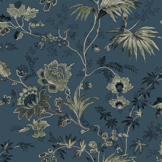 Esta 139315 Vintage Flowers dark blue and olive green - tapeta z motywem kwiatów