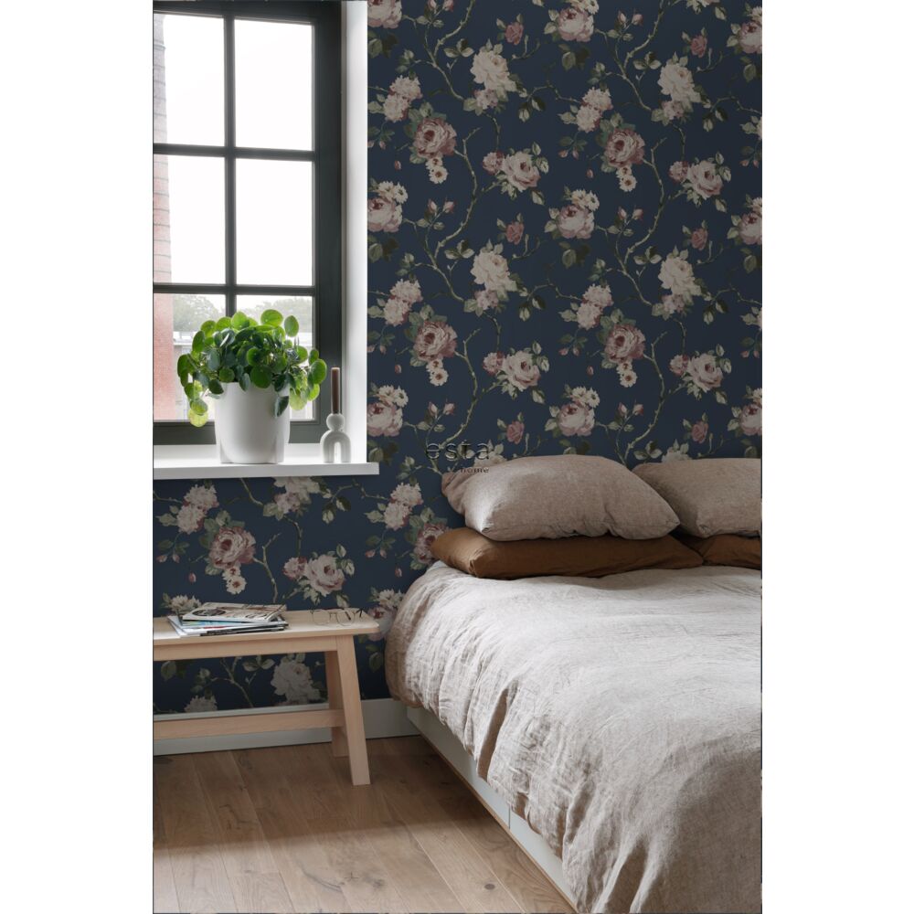 Esta 139409 Vintage Flowers dark blue and antique pink - tapeta z motywem kwiatów