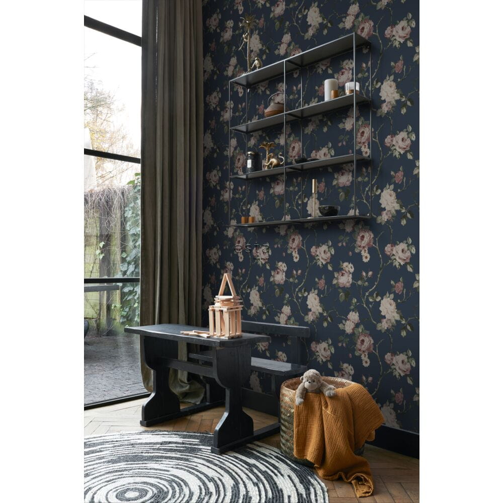 Esta 139409 Vintage Flowers dark blue and antique pink - tapeta z motywem kwiatów