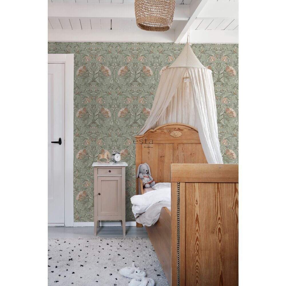 Esta 139419 Vintage Flowers In Art Nouveau Style grayish green and antique pink - tapeta w kwiaty w stylu vintage