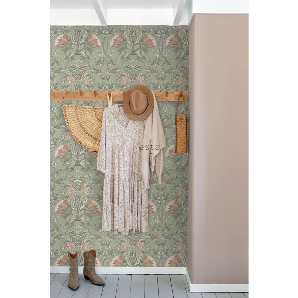 Esta 139419 Vintage Flowers In Art Nouveau Style grayish green and antique pink - tapeta w kwiaty w stylu vintage
