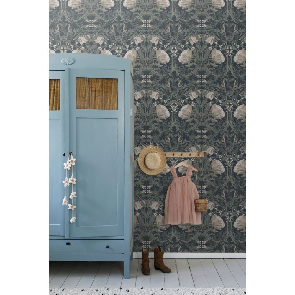 Esta 139421 Vintage Flowers In Art Nouveau Style dark blue - tapeta w kwiaty w stylu vintage