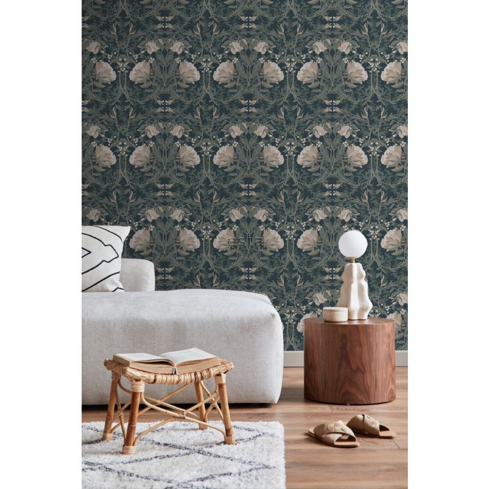 Esta 139421 Vintage Flowers In Art Nouveau Style dark blue - tapeta w kwiaty w stylu vintage