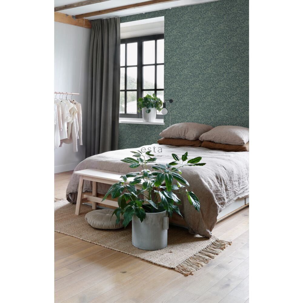 Esta 139429 Vintage Flowers dark blue and grayish green - tapeta w kwiaty i liście