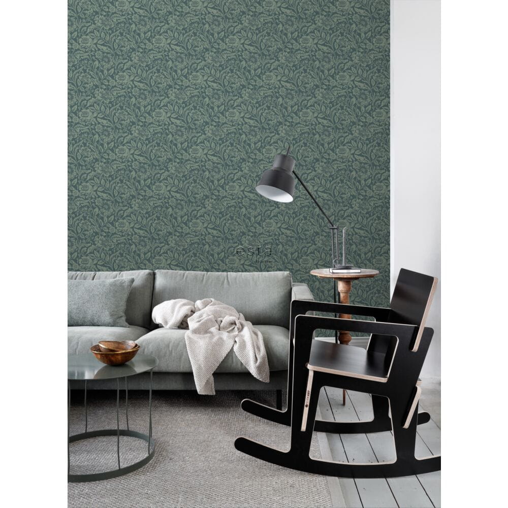 Esta 139429 Vintage Flowers dark blue and grayish green - tapeta w kwiaty i liście