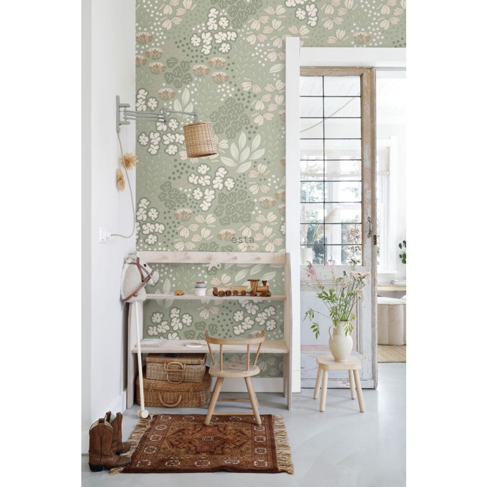 Esta 159212 Vintage Flowers floral pattern grayed mint green - mural z motywem polnych kwiatów