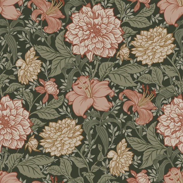 Esta 139381 Vintage Flowers grayish green and terracotta pink - tapeta z motywem kwiatów