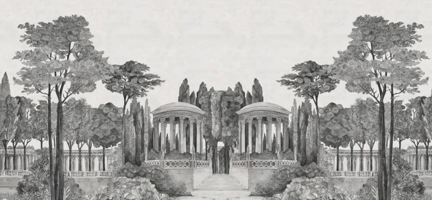 Rebel Walls R19743 Jack Kinsey Chatsworth Park Mirrored Graphite - mural z ogrodem