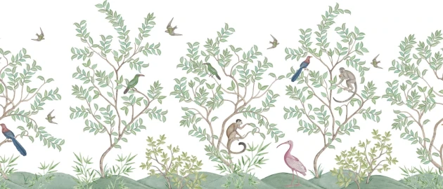 Rebel Walls R19756 Jack Kinsey Monkeys Paradise White - mural chinoiserie