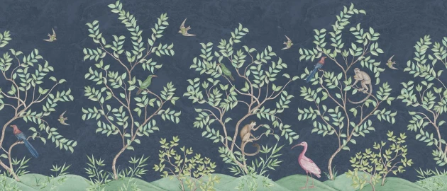 Rebel Walls R19757 Jack Kinsey Monkeys Paradise Dark Blue - mural chinoiserie