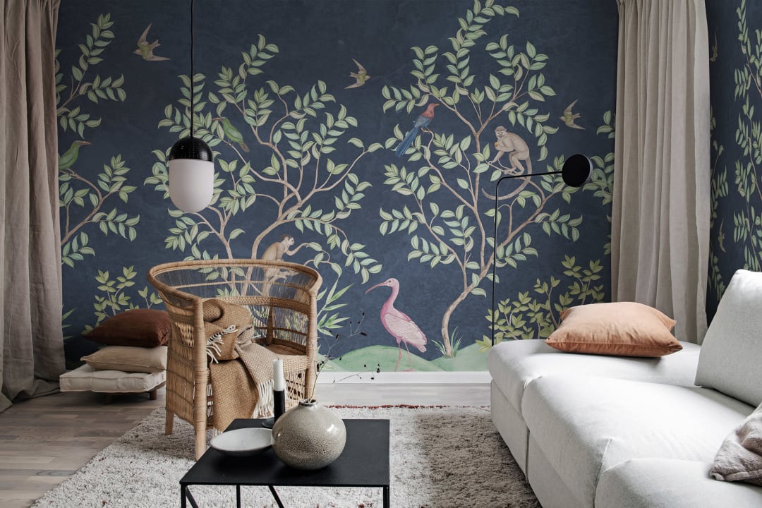 Rebel Walls R19757 Jack Kinsey Monkeys Paradise Dark Blue - mural chinoiserie