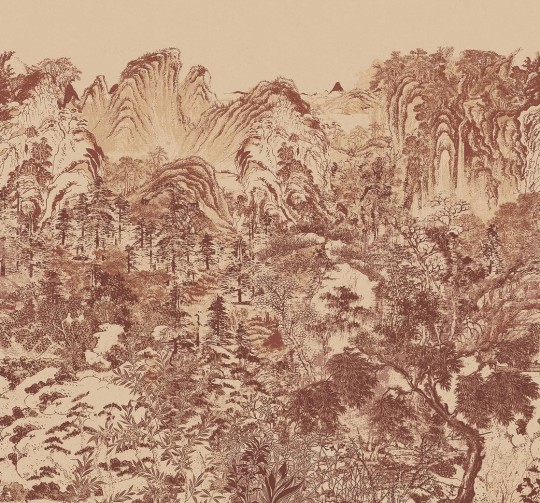 Eijffinger 333473 Emerald Misty Mountain Burgundy - mural z motywem lasu i gór w formie rysunku