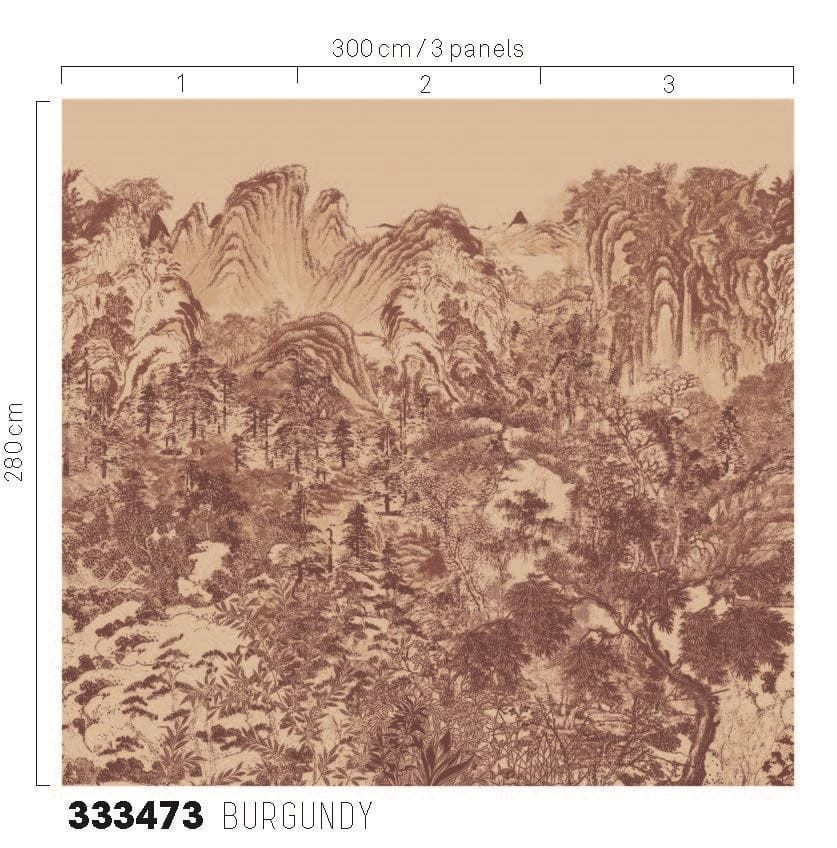 Eijffinger 333473 Emerald Misty Mountain Burgundy - mural z motywem lasu i gór w formie rysunku