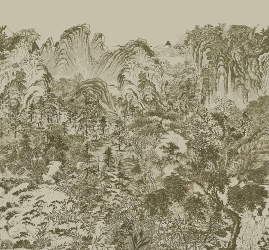 Eijffinger 333474 Emerald Misty Mountain Olive - mural z motywem lasu i gór w formie rysunku