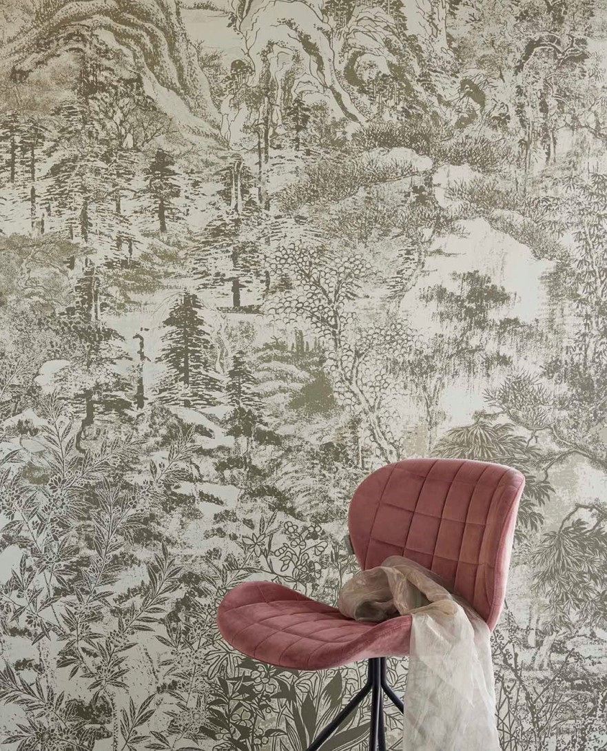 Eijffinger 333474 Emerald Misty Mountain Olive - mural z motywem lasu i gór w formie rysunku