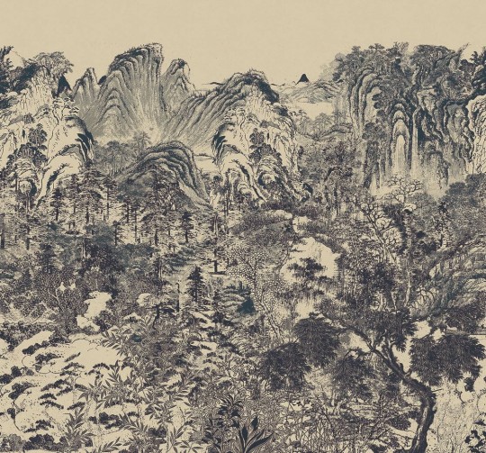 Eijffinger 333475 Emerald Misty Mountain Indigo - mural z motywem lasu i gór w formie rysunku