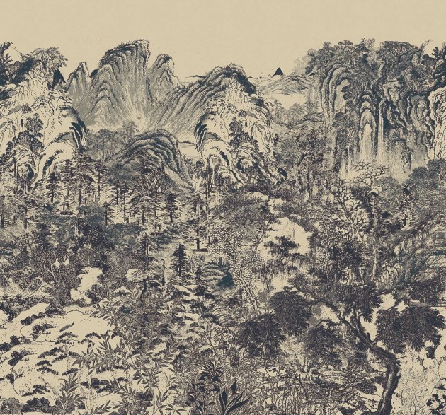 Eijffinger 333475 Emerald Misty Mountain Indigo - mural z motywem lasu i gór w formie rysunku