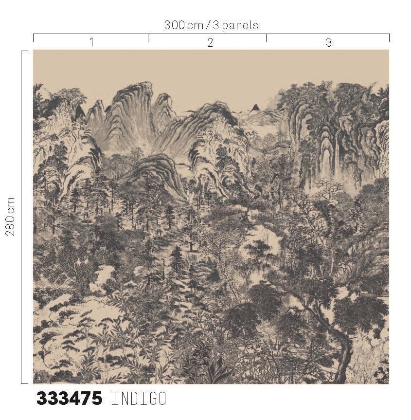 Eijffinger 333475 Emerald Misty Mountain Indigo - mural z motywem lasu i gór w formie rysunku