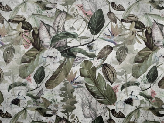 BN 200403 BN Studio Concrete Jungle - mural z motywem liści na postarzanym tle