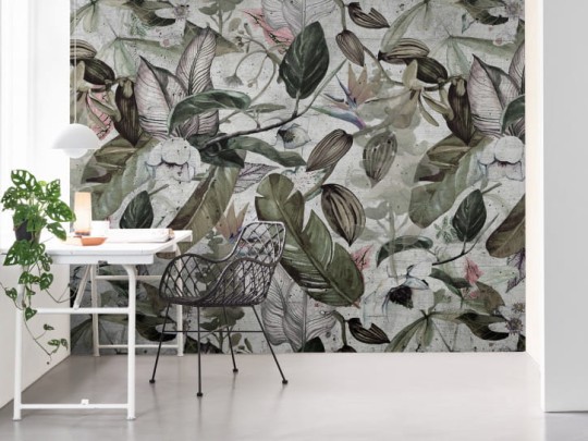 BN 200403 BN Studio Concrete Jungle - mural z motywem liści na postarzanym tle