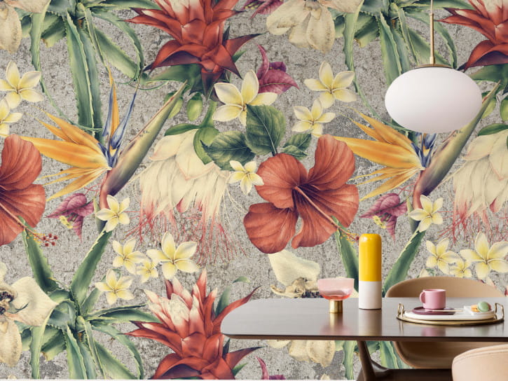 BN 300445 BN Studio Concrete Tropical - mural z motywem kwiatów na postarzanym tle