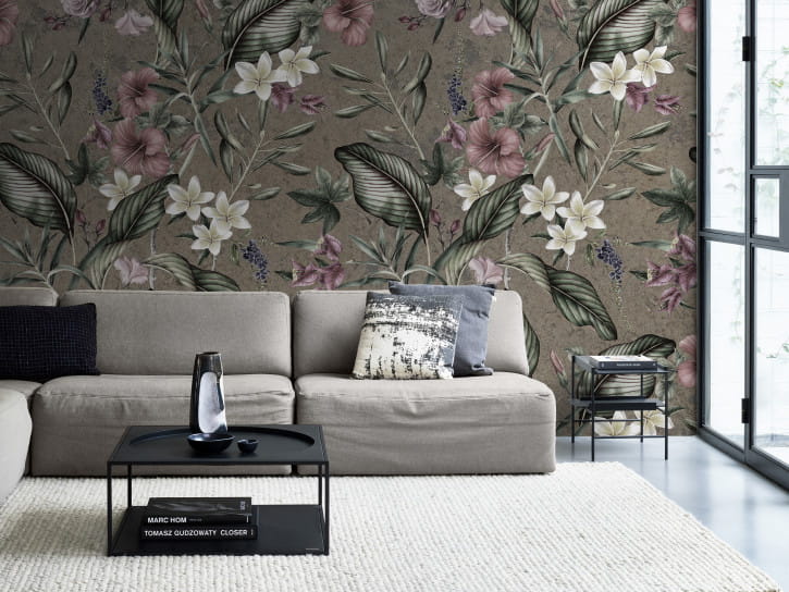 BN 300446 BN Studio Concrete Tropical - mural z motywem kwiatów na postarzanym tle