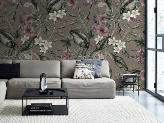 BN 300446 BN Studio Concrete Tropical - mural z motywem kwiatów na postarzanym tle
