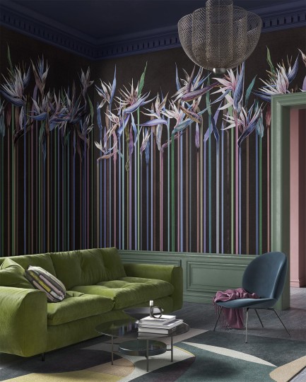 Wonderwall 35 0728 01 Annabel - mural z motywem pionowych linii zakończonych liśćmi