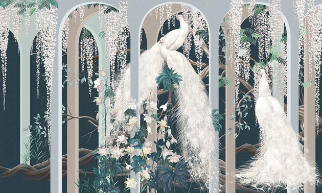 Wonderwall 35 0545 01 Verona - mural z motywem kaskad kwiatów, gałęzi i białych pawi