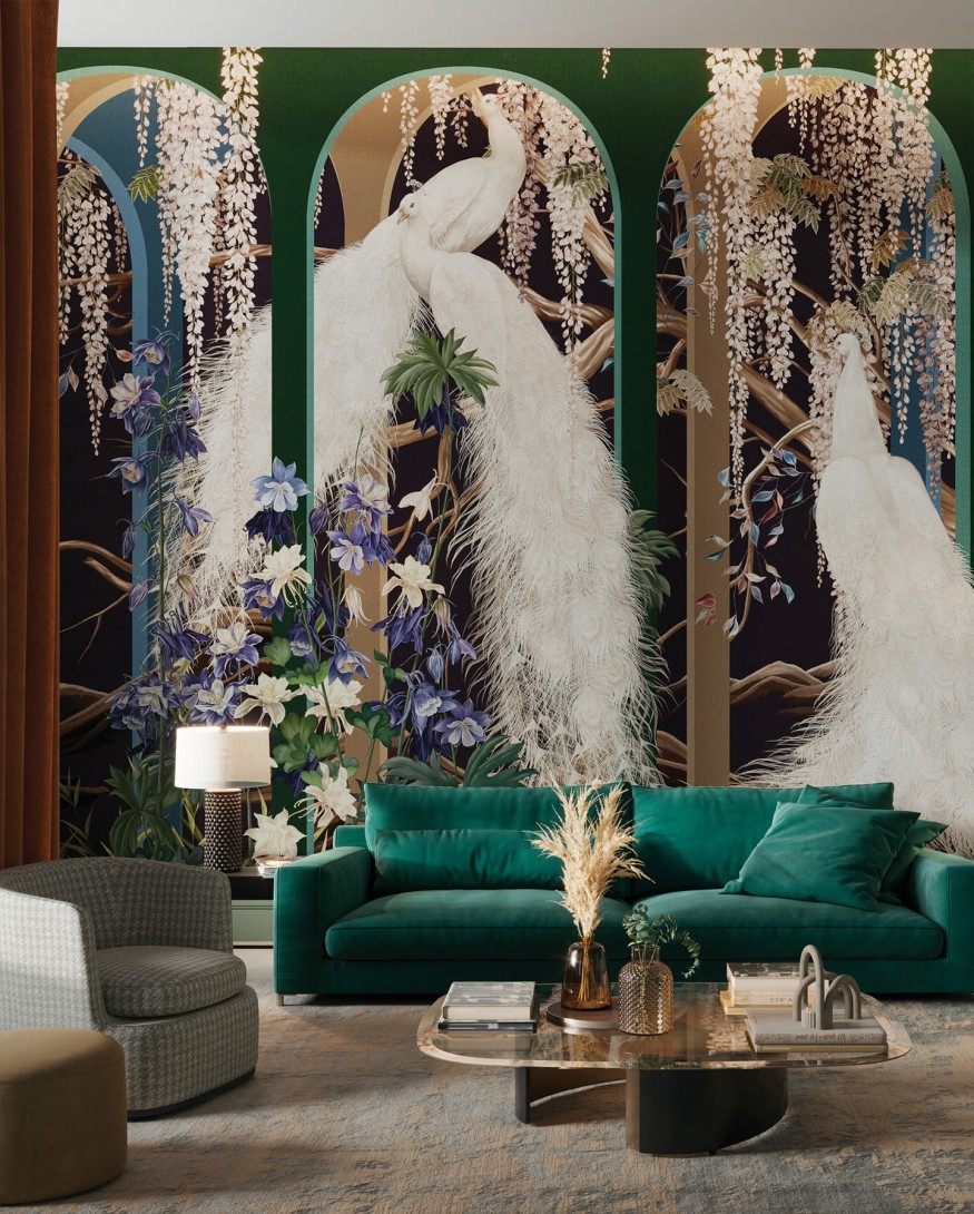 Wonderwall 35 0545 01 Verona - mural z motywem kaskad kwiatów, gałęzi i białych pawi