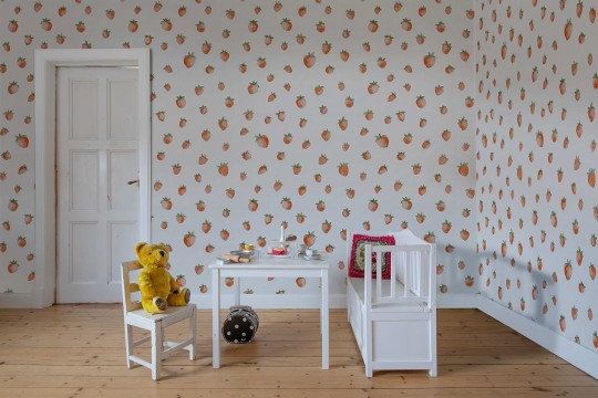 Rebel Walls R18700 Cottage Cool Berry Cute Red - mural z motywem truskawek na tle kropek