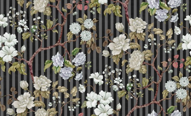 Rebel Walls R18678 Cottage Cool Vintage Rose Stripe Midnight - mural z motywem róż i pasków