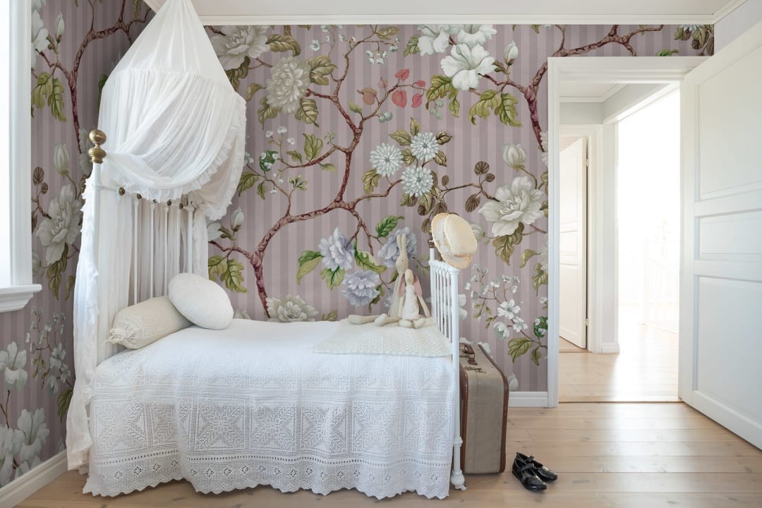 Rebel Walls R18681 Cottage Cool Vintage Rose Stripe Pink - mural z motywem róż i pasków